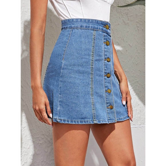 Button Through A Line light wash Denim Skirt jean skirt - Picture 3 of 4